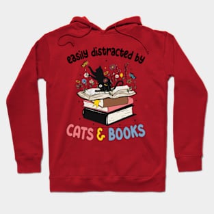 Funny Easily Distracted By Cats And Books Gifts Hoodie